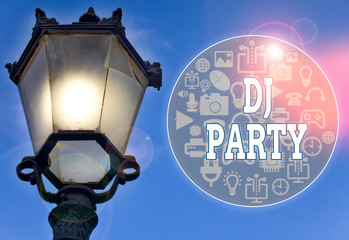 Text sign showing Dj Party. Business photo showcasing demonstrating who introduces and plays...