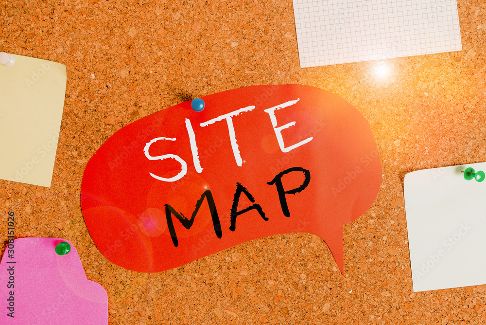 Fototapete Handwriting text Site Map. Conceptual photo designed to help both users and search engines navigate the site Corkboard color size paper pin thumbtack tack sheet billboard notice board
