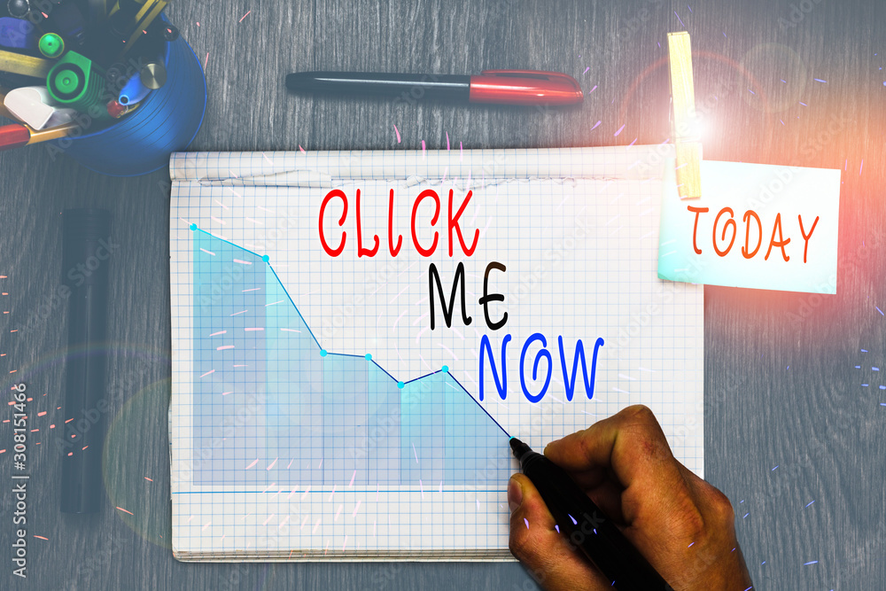 Poster writing note showing click me now. business concept for internet helping desk press the button onlin