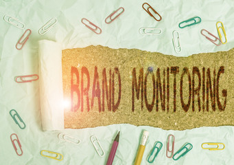 Conceptual hand writing showing Brand Monitoring. Concept meaning process to proactively monitor...