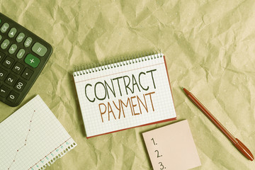 Text sign showing Contract Payment. Business photo text payments made by payer to the payee as per agreement terms Papercraft craft paper desk square spiral notebook office study supplies