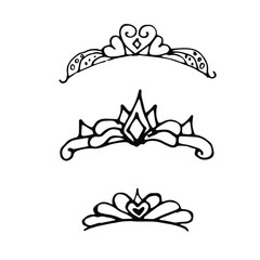 Cute doodle set of princess crown elements. Hand drawn vector illustration. Birthday, New Year's wedding elements for greeting cards, posters, stickers decoration decor. Isolated on white background © roskque