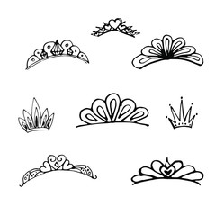 Cute doodle set of princess crown elements. Hand drawn vector illustration. Birthday, New Year's wedding elements for greeting cards, posters, stickers decoration decor. Isolated on white background