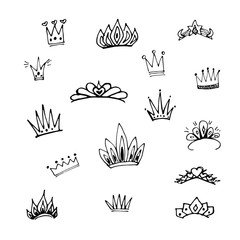 Cute doodle set of princess crown elements. Hand drawn vector illustration. Birthday, New Year's wedding elements for greeting cards, posters, stickers decoration decor. Isolated on white background © roskque