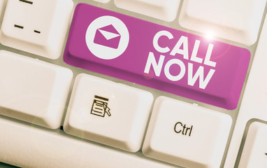 Text sign showing Call Now. Business photo showcasing To immediately contact a demonstrating using...