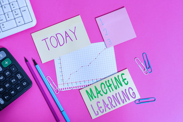 Word writing text Machine Learning. Business photo showcasing scientific study of algorithms and statistical models Writing equipments and computer stuffs placed above colored plain table