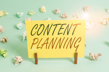 Text sign showing Content Planning. Business photo text establish a fluid workflow around the creation of content Colored crumpled rectangle shaped reminder paper light blue background