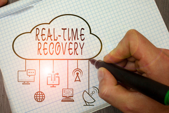 Word writing text Real Time Recovery. Business photo showcasing maximum time period in which recent data can recover