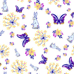 Fototapeta premium Vector white background rabbits butterflies & flower garden seamless pattern illustration for birthdays fabric, party, event, decoration, gift wrap, scrapbook project, print, wallpaper, textile design