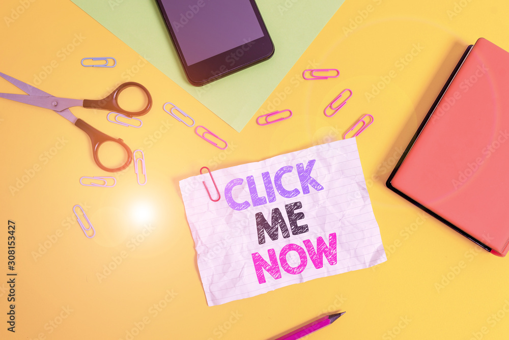 Poster text sign showing click me now. business photo text internet helping desk press the button online ic
