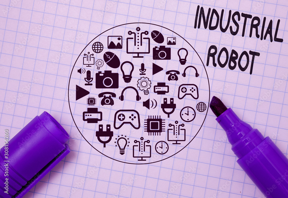 Poster writing note showing industrial robot. business concept for robotic mechanism used in the fabricatio
