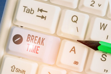 Conceptual hand writing showing Break Time. Concept meaning scheduled time when workers stop...
