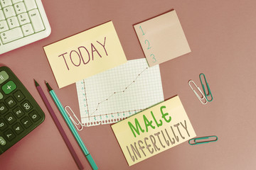 Word writing text Male Infertility. Business photo showcasing the inability to cause pregnancy in a fertile Writing equipments and computer stuffs placed above colored plain table