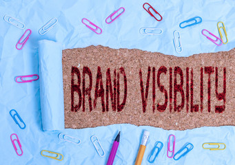 Conceptual hand writing showing Brand Visibility. Concept meaning frequency at which showing see...