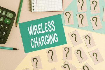 Word writing text Wireless Charging. Business photo showcasing methods of charging batteries without the use of cables Mathematics stuff and writing equipment above pastel colours background