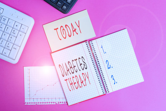 Word writing text Diabetes Therapy. Business photo showcasing aim to achieve lower average blood glucose results Writing equipments and computer stuffs placed above classic wooden table