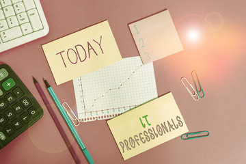 Word writing text It Professionals. Business photo showcasing any demonstrating associatedand expert with the computer world Writing equipments and computer stuffs placed above colored plain table