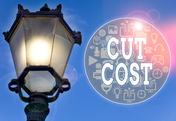 Text sign showing Cut Cost. Business photo showcasing Measures implemented to reduced expenses and...