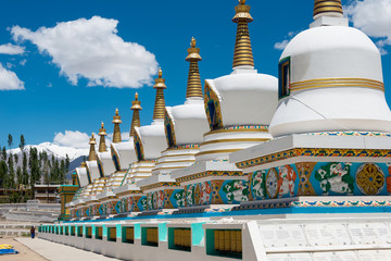 Ladakh, India - Jul 03 2019 - Tibetan Stupa at The Dalai Lama's Palace (JIVETSAL / His Holiness Photang) in Choglamsar, Ladakh, Jammu and Kashmir, India. © beibaoke