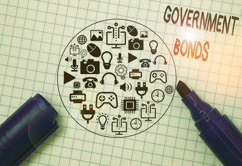 Writing note showing Government Bonds. Business concept for debt security issued by a government to...