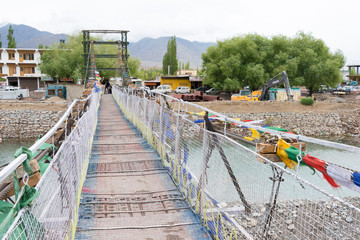 Ladakh, India - Jun 25 2019 - MAITRI BRIDGE on Indus River in Choglamsar, Ladakh, Jammu and Kashmir, India.