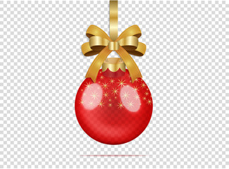 Red christmas glass ball with stars and bow.