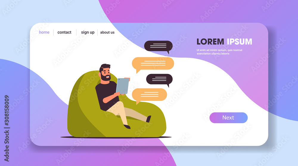 Poster casual man chatting messaging with tablet guy sitting at bean bag using mobile app social network ch