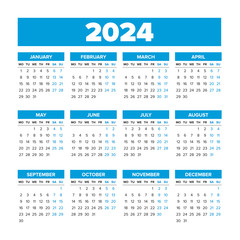 Simple Vector Calendar 2024. Weeks start on Monday