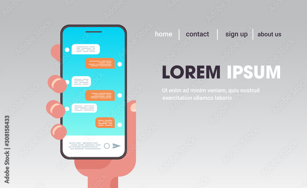 Poster huam hand using chatting app social network communication concept online mobile messaging applicatio