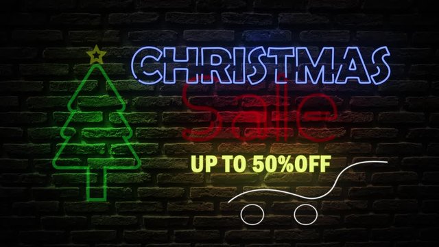 Merry Christmas neon light sale poster banner on wall background.