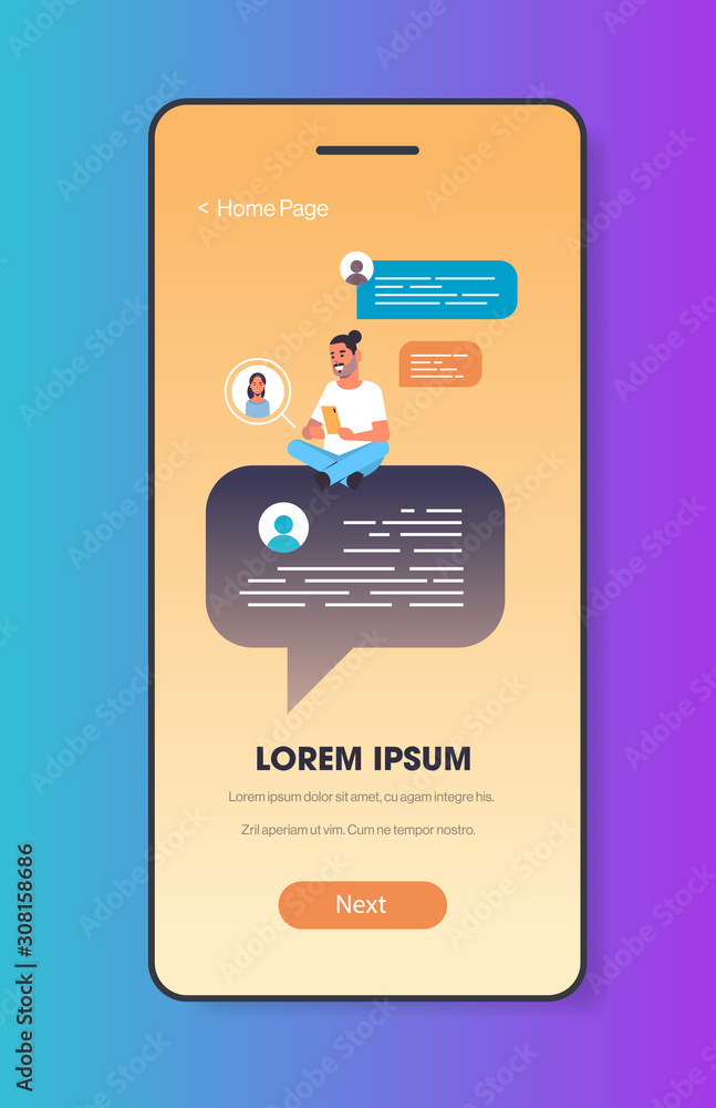 Poster man using mobile chatting app social network speech communication concept guy sitting on chat bubble