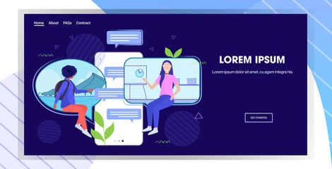 people using chatting app social network communication concept mix race women in chat bubbles smartphone screen online mobile messaging application horizontal copy space vector illustration