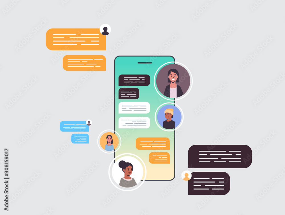 Poster mix race people using chatting app social network chat bubble communication concept smartphone scree