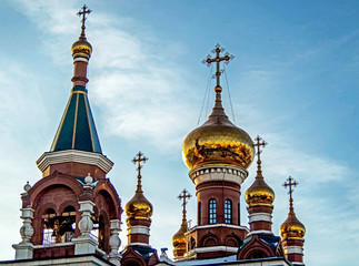 Golden domes the Temple of the Holy Great Martyr George The Victorious in Chelyabinsk