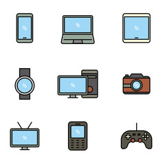 Set of device icon with filled line design such as smartphone, laptop, computer and more