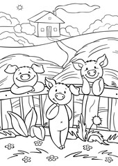 Coloring pages. Three little cute pigs are near the fence in the hay.