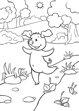 Coloring pages.Cute little happy pig runs along the road and smiles.