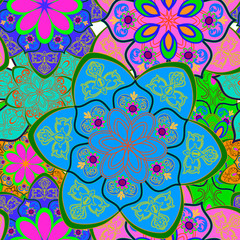    Bright colorful combination of abstract flowers in a seamless pattern