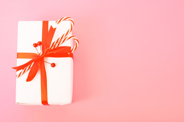 Happy New Year and Christmas day, top view flat lay composition decoration gift box