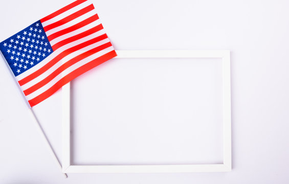 Martin luther king day, flat lay top view, American flag and photo frame