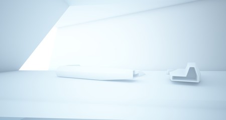 Abstract architectural white interior of a minimalist house with swimming pool. 3D illustration and rendering.