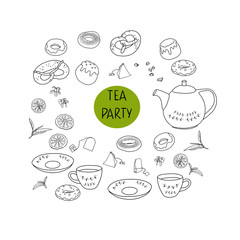 Tea party icons set. Warm and cozy hand drawn vector illustration with cups of tea, a samovar and sweet pastries. Elements for greeting cards, posters, stickers and seasonal design.