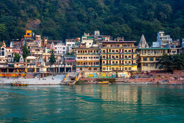 View of Rishikesh over the Ganga river. Rishikesh is the yoga and meditation capital in India.