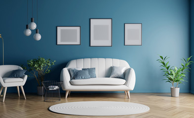 Blue living room. Interior design. 3d rendering