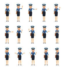 Big set of postwoman characters showing different hand gestures. Cheerful mail carrier showing thumb up, pointing, greeting, victory, stop sign and other hand gestures. Simple vector illustration