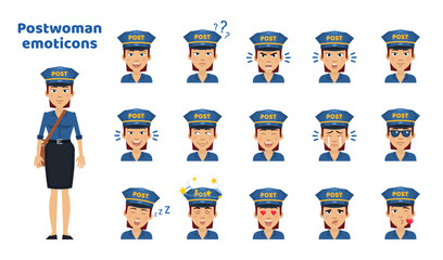 Big set of postwoman emoticons. Mail carrier emojis showing different facial expressions. Happy, sad, smile, laugh, cry, angry, sleepy, in love and other emotions. Simple vector illustration