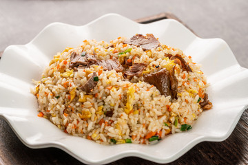 Asia Chinese China food cuisine. Authentic Yangzhou fried rice with egg, fresh prawn.