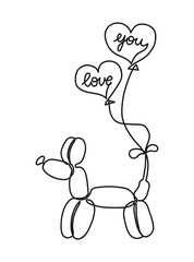 Balloon dog one line sketch. Love you hearts. Valentine's day card.