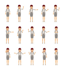 Obraz premium Big set of business woman characters showing different hand gestures. Cheerful woman showing thumb up, pointing, greeting, victory, stop sign and other hand gestures. Simple vector illustration