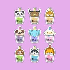 cute boba tea animals character design